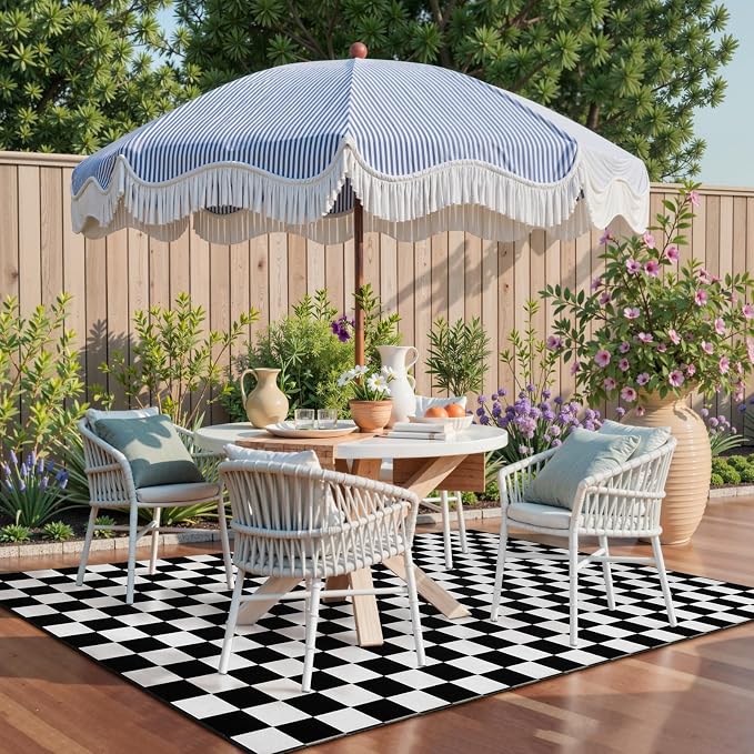 Seavish Checkered Rug, 5x8 Ft Black and White Checkerboard Outdoor Rug | Retro Lightweight Washable Area Rug, Rustic Floor Carpet Decor for Living Room Bedroom Dining Room Patio Porch