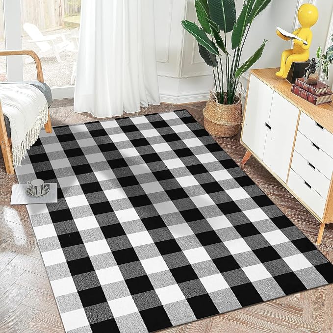 Buffalo Plaid Outdoor Rug 4'x6' Washable Black White Checkered Rug Indoor Outdoor Carpet Woven Cotton Door Mat for Front Porch, Kitchen, Bathroom, Entry Way, Living Room