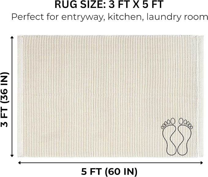 THE BEER VALLEY Hand Woven Area Rug 3x5 Feet - Ivory | Non Slip Indoor Outdoor Kitchen Large Rugs for Living Room, Washable Low Profile Patio Carpet