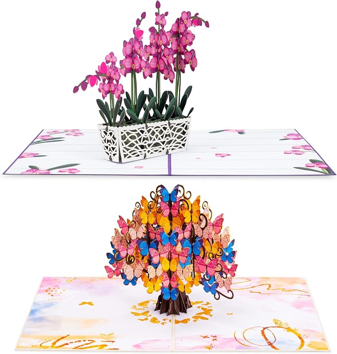 Paper Love Pop Up Cards 2 Pack - Includes 1 Orchids and 1 Butterfly Tree, For All Occasions, Mother Day, Birthday, Just Because- Includes Envelope and Note Tag