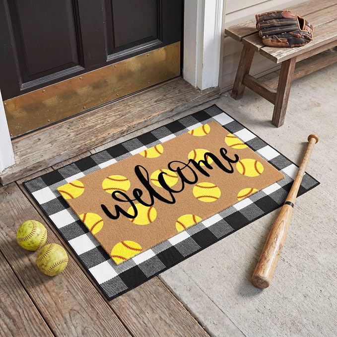 Tinideya 2 Pcs Softball Door Mat Welcome Non Slip Coir Mats Floor Layering Black and White Buffalo Plaid Doormats Seasonal for Front Porch Entryway Decor (23.6 x 35.4 Inches,Softball,Black, Brown)