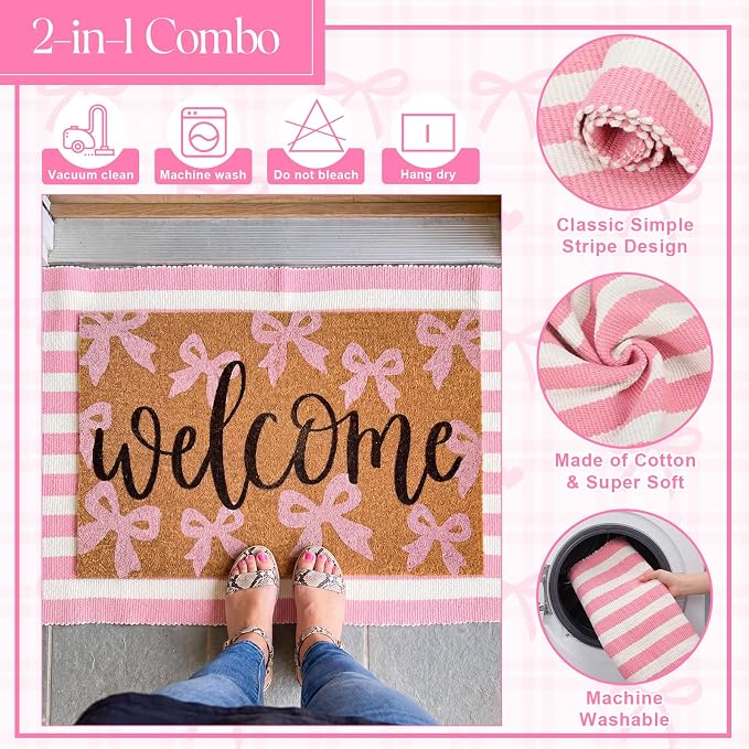 2 Pcs Outdoor Door Mat Combo Set Layered Outdoor Rug and Coir Welcome Doormat Non Slip Outside Floor Mat for Front Porch Entryway Patio Yard Decor(Cute Pink Bow,24'' X 51',18'' X 28'')