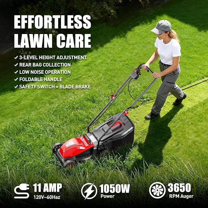 Baotree 12Amp 14" Corded Lawn Mower, 3-Height, 2-in-1 Mulch & Bag | Corded Electric, Lawn Care