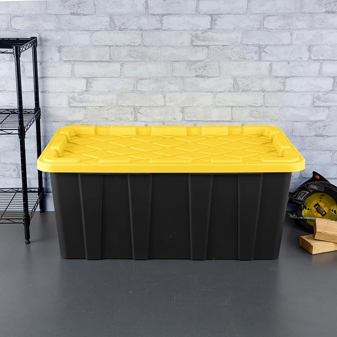 Sterilite 4-Pack Industrial Tote, Plastic Storage Container Bins with Lids, 38 Gallon - Heavy-Duty Organizing Containers for Closet, Bathroom, and Office | Heavy-Duty and Stackable Utility Box Containers for Home, Office, and Basement Organization, Bla...