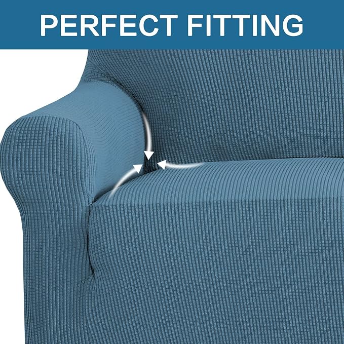 H.VERSAILTEX Stretch Slip Covers for Sofas/Couches Sofa Slipcovers for Living Room Couch Cover 3 Cushion Sofa Feature Thick Checked Jacquard Fabric with Elastic Bottom, Sofa Large - Dusty Blue