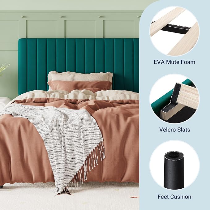 Allewie Twin Bed Frame, Velvet Upholstered Platform Bed with Adjustable Vertical Channel Tufted Headboard, Mattress Foundation with Strong Wooden Slats, Box Spring Optional, Easy Assembly, Teal