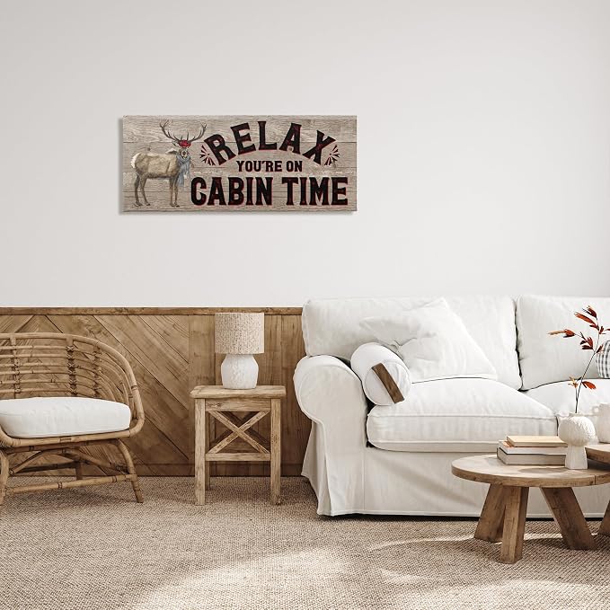 Stupell Industries 'Cabin Time Phrase with Deer'| Canvas Art | Stupell Industries | 40 x 17 Inches, Easy to Hang and Sturdy, Made in USA, by Tara Reed