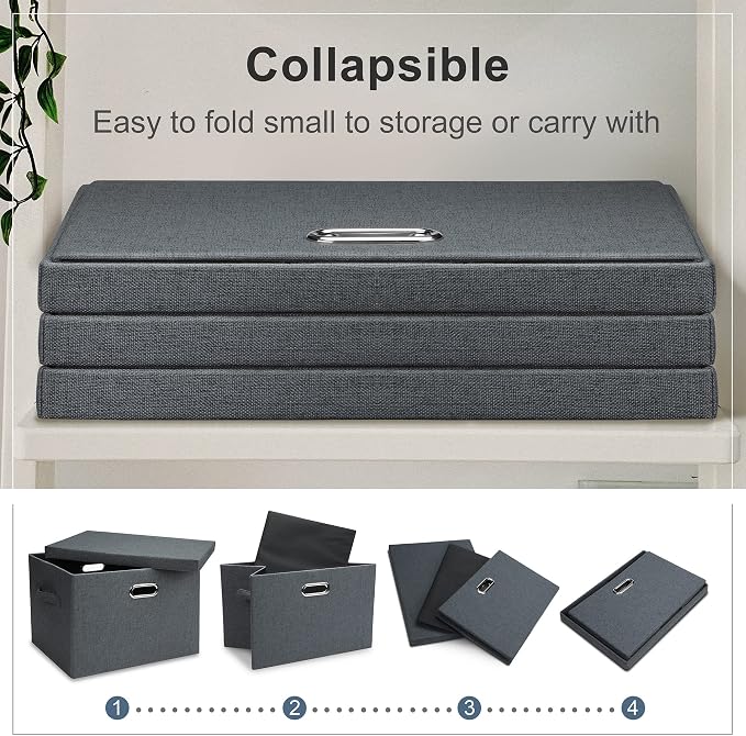 Graciadeco Large 17" 36 Quart Collapsible Stackable Storage Bins with Lids, 3 Packs Dark Gray Foldable Fabric Closet Storage Boxes with Lids, Heavy-duty Linen Cube Baskets(17x12x11) | 36 Quart 3 Pack Dark Gray Collapsible Stackable Linen Fabric 4 Handl...