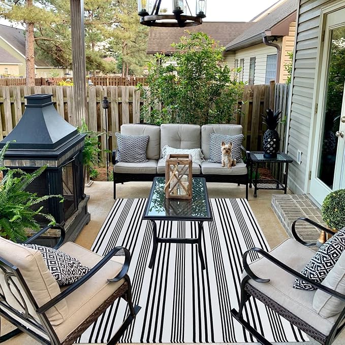 Black and White Striped Outdoor Rug 4' X 6' Front Porch Rug Cotton Hand-Woven Welcome Mats Layered Door Mats for Front Porch/Entryway/Laundry Room/Bedroom/Outdoor