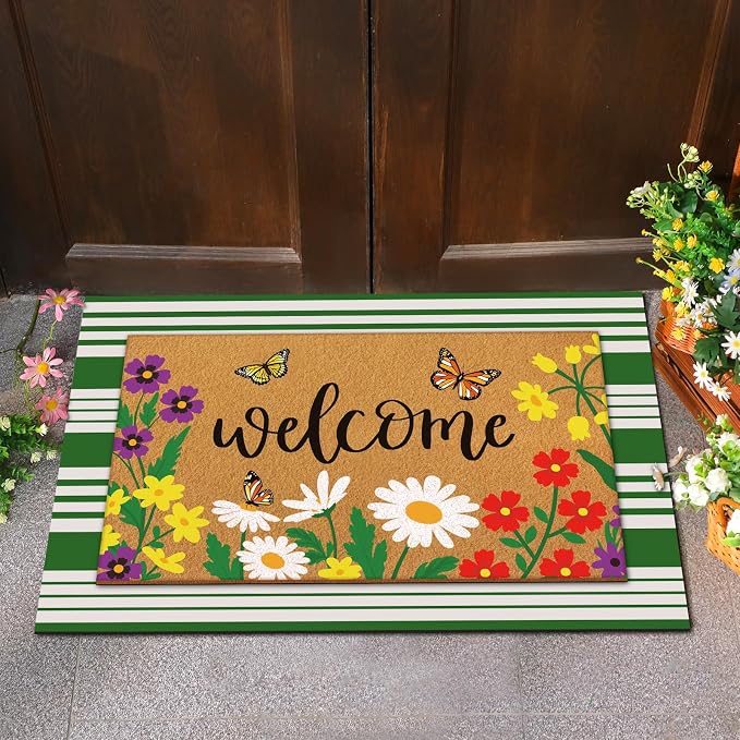 Tinideya 2 Pcs Door Mat Welcome Non Slip Coir Mats Floor Layering Doormats Seasonal for Front Porch Entryway Decor(Spring Flowers)