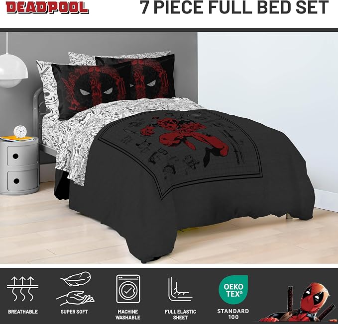 Marvel Deadpool Full Comforter Set 7 Piece Soft Bedding for Boys, Gray | Bed in a Bag, Comforter Sheets Shams Pillowcases, Official Product, Soft Microfiber, Machine Washable, Boys Gift