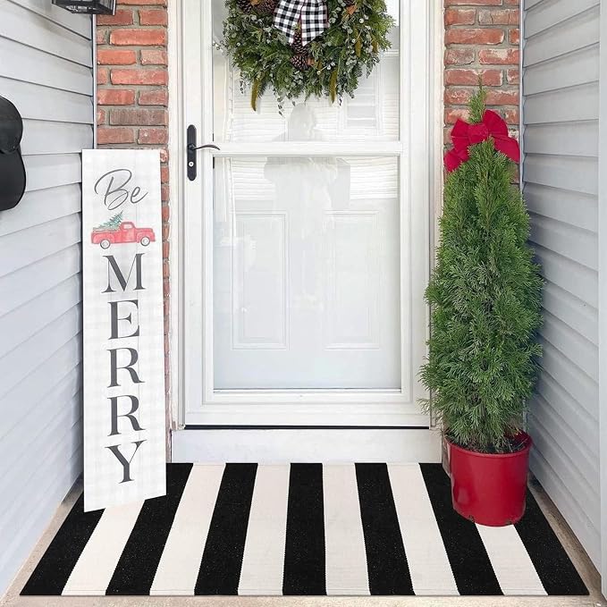LEEVAN Black and White Striped Door Mat 2'x4' Washable Front Porch Rug Cotton Woven Reversible Rugs Farmhouse Black Outdoor Rug Indoor/Outdoor Welcome Doormat White Entryway Throw Rugs