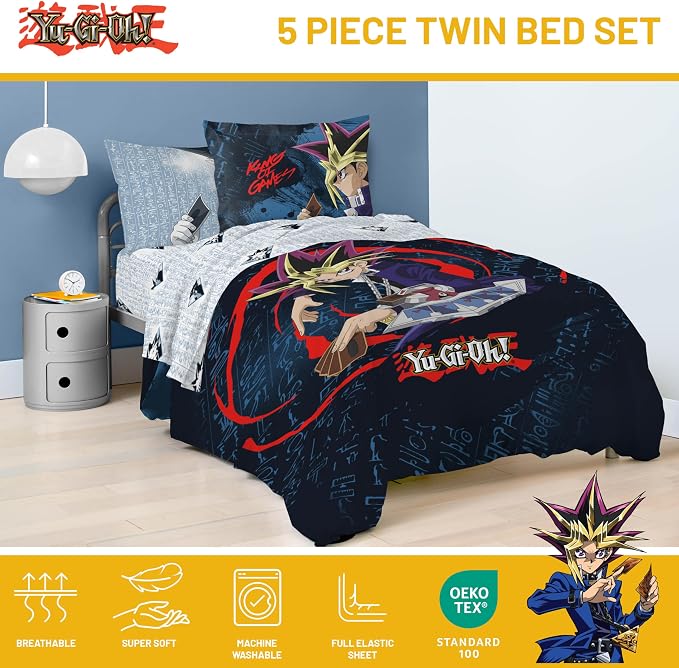 Jay Franco Yu-Gi-Oh Twin Comforter Set 5 Piece Soft Anime Bedding, Blue | Bed in a Bag, Comforter Sheets Sham Pillowcase, Official Product, Soft Microfiber, Machine Washable, Easy Care, Kids Gift