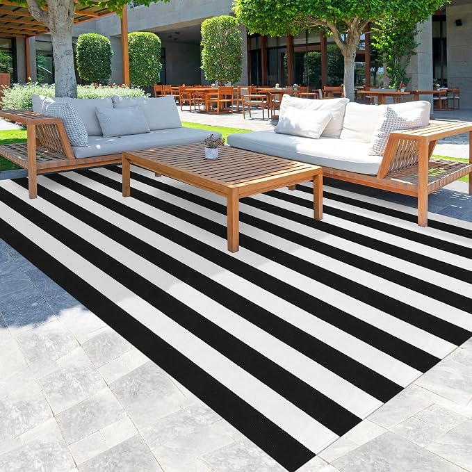 Black and White Striped Rug 6x9 Feet Cotton Woven Rug Reversible Retro Farmhouse Striped Outdoor Rug Washable Indoor Outdoor Area Rug for Living Room Bedroom Dining Room Home Decor Carpets