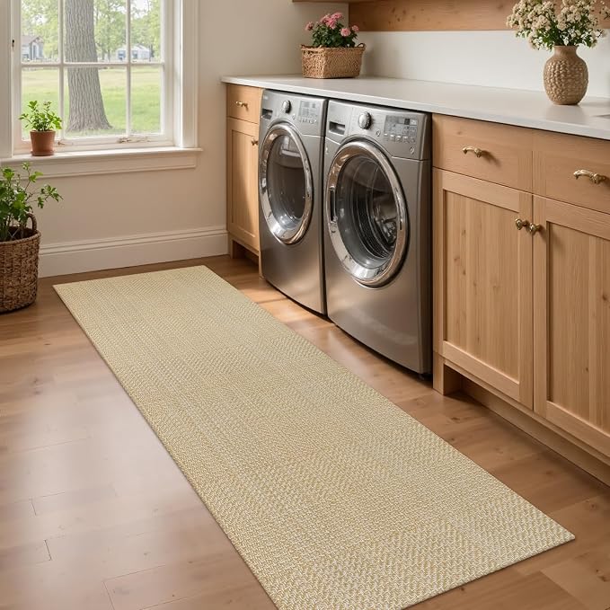 Rugalia Washable Woven Indoor Outdoor Runner Rug 2x6, Natural Beige Cotton Rug Runners for Hallway Non-Slip Long Kitchen Mat, Modern Neutral Throw Runner Carpet for Entryway Porch Patio