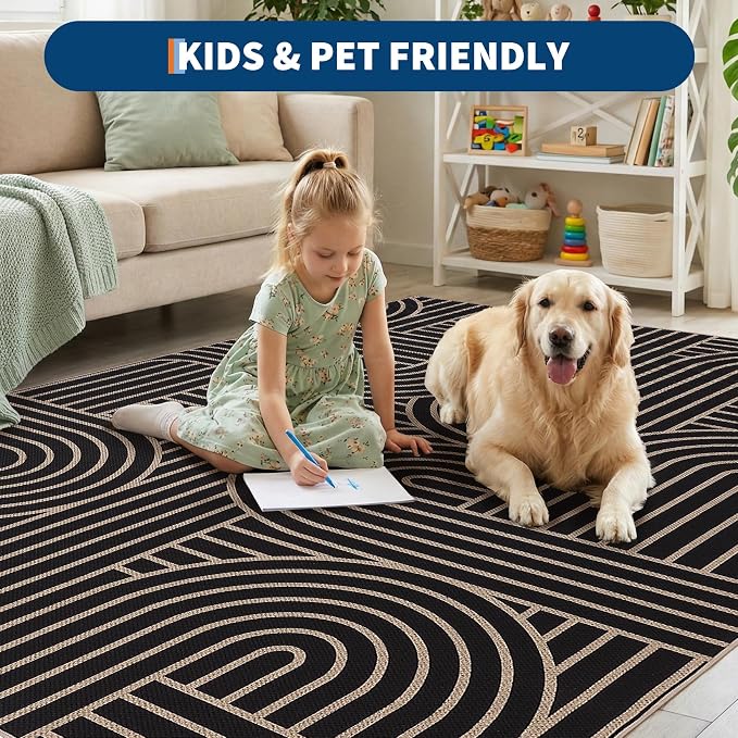 GarveeHome Rainbow Easy Jute Rug 4x6 Abstract Washable Non Slip Living Room Ultra-Thin Bedroom Rug, Non Skid Backing Non Shedding Accent Carpet for Dining Room Office