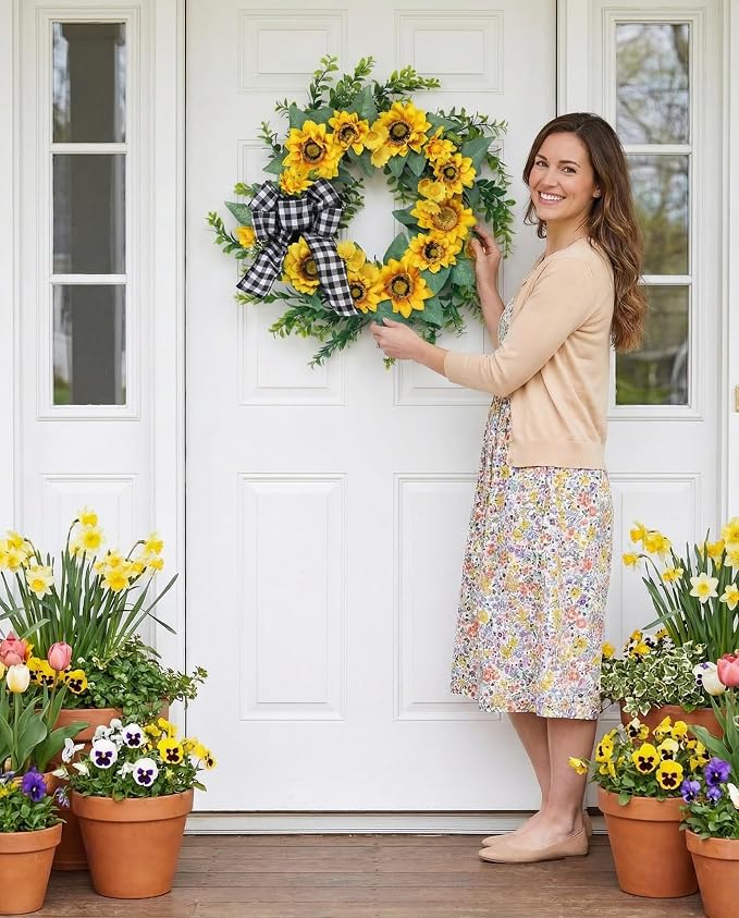 Garvee Summer Wreaths for Front Door, 18" Artificial Sunflower Wreath | Faux Greenery Wreath with Yellow Floral and Buffalo Check Bow, for Farmhouse Porch Window Wall Home Decor