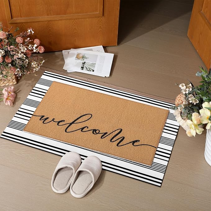 Tinideya 2 Pcs Door Mat Welcome Non Slip Coir Mats Floor Layering Doormats Seasonal for Front Porch Entryway Decor(Welcome)