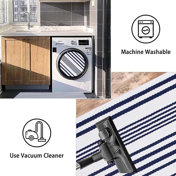 Blue and White Striped Outdoor Rug 24'' x 35'' Door Mat Outdoor Machine Washable Welcome Mats Cotton Hand-Woven Entryway Rug for Front Porch/Entryway/Laundry/Bathroom/Bedroom