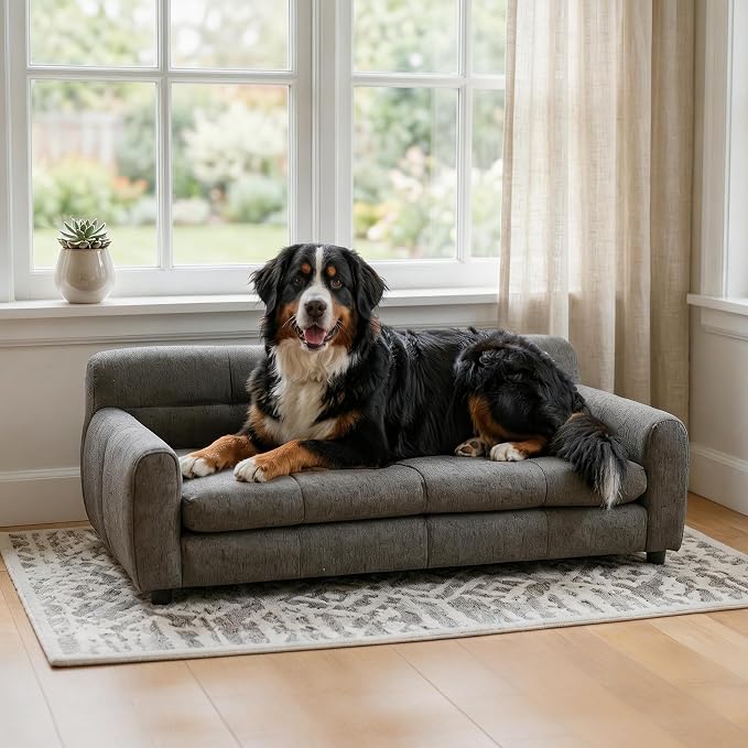51" XL Dog Bed Couch, Elevated Large Dog Sofa with Backrest and Armrests, Soft Memory Foam Extra Large Pet Bed with Removable Cushion, Durable Linen Pet Couch Furniture, Dark Gray