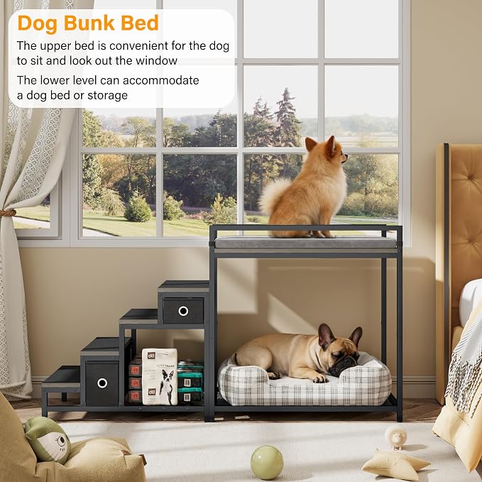 kepptory Pet Bunk Bed with Stairs and Storage, Dog Beds Attachment to Human Bed, Bedside Dogs Cot for Small, Medium Cats & Dogs, Pet Window Perch (Grey)