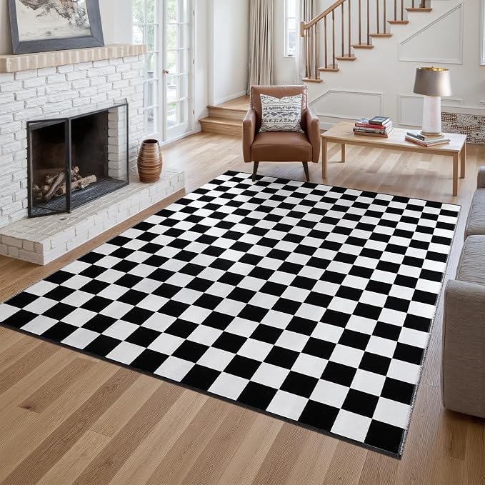 Seavish Checkered Rug 8x10 Black and White Area Rugs for Living Room | Large Low-Pile Bedroom Rugs Modern Cotton Woven Checkerboard Rug Washable Neutral Rug for Dining Room Nursery Office
