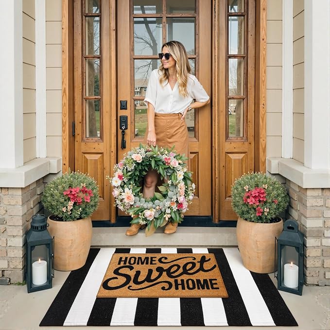 Collive Black and White Outdoor Striped Rug 27.5"x 43", Washable Layered Door Mats Outdoor,Farmhouse Front Porch Rug Decor,Cotton Woven Entryway Rugs for Welcome Mat Kitchen