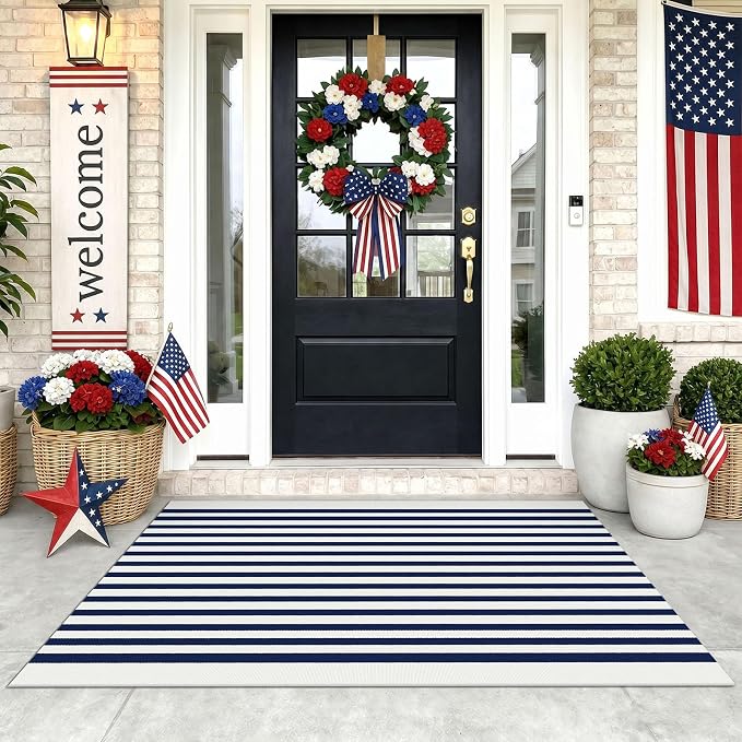 KOZYFLY Striped Rug 3x5 Front Door Rugs Blue White Cotton Woven Washable Indoor Outdoor Rug Entrance Doormat for Front Porch Kitchen Patio Independence Day Decor
