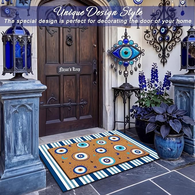 Tinideya 2 Pcs Blue Evil Eye Layered Doormat Set, Boho Evil Eye Doormat with Blue White Striped Rug, Mediterranean Porch Decor for Entryway Patio Outdoor