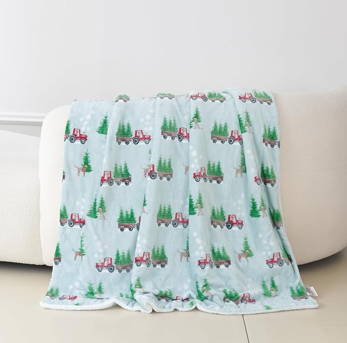 Elegant Comfort Reversible and Ultra-Plush Flannel Fleece-Winter Christmas Sherpa Throw- Lightweight Soft and Cozy-Holiday Decorative Throw, Perfect for Lounging, 50 x 60 inches, Tractor Tree