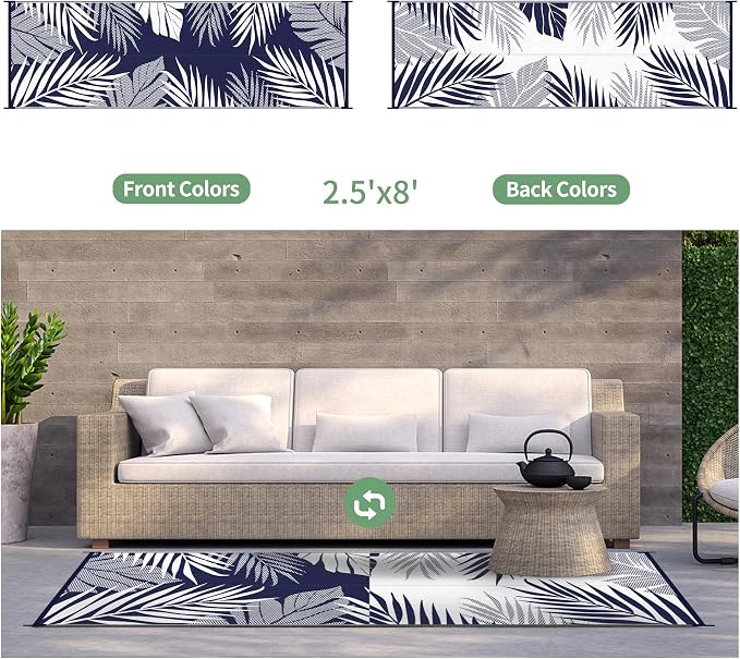 GENIMO Outdoor Rug, Waterproof Plastic Runner Rugs, 2.5'x8' Navy Blue White | Outside Leaf Carpet Mat for Patio Decor, Porch, Deck, Balcony, Camping, RV, Picnic, Beach, Reversible, Foldable, Lightweight