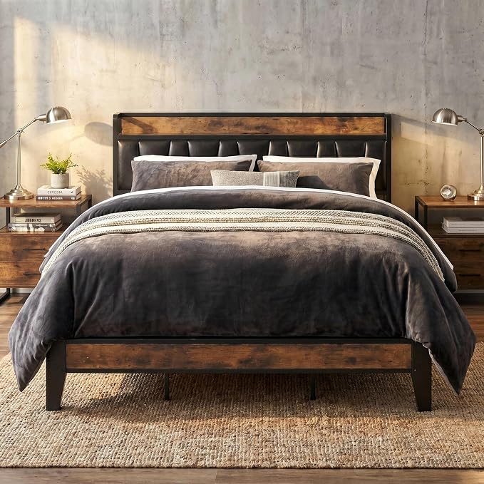 LIKIMIO King Bed Frame, Storage Headboard with Charging Station, Solid and Stable, Noise Free, No Box Spring Needed, Easy Assembly (Vintage and Black)