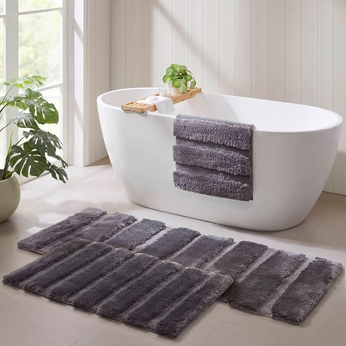 Madison Park Tufted Pearl Channel Absorbent Bathroom Rugs Non Slip Washable Bath Mat Shaggy Rugs For Bathroom Bedroom Plush Thick Soft Machine Wash Rubber Back Grey 17x24" 1 Piece