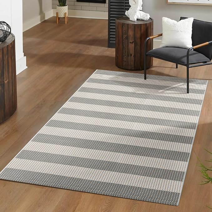 LEEVAN 3x5 Outdoor Rug for Porch, Washable Striped Welcome Front Porch Mat | Outside Entryway Patio Rug, Woven Doormat Grey and White Buffalo Backyard Layered Mat for Entrance/Balcony/Apartment