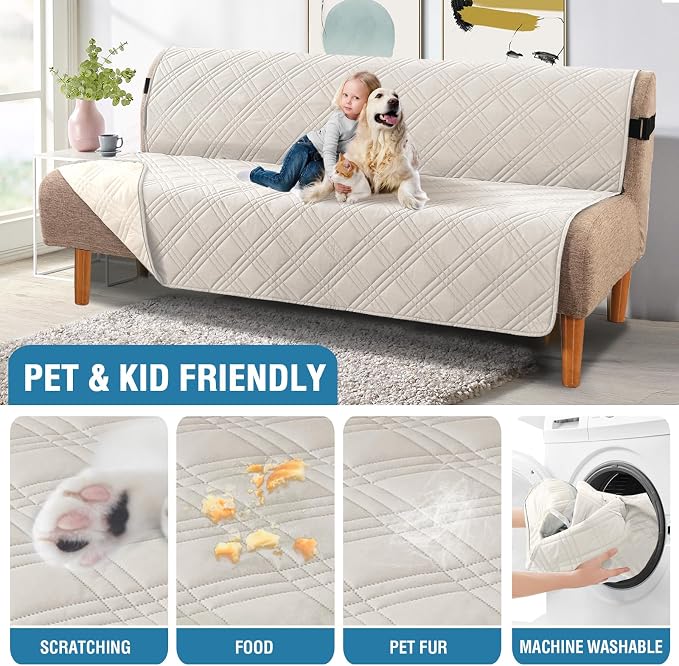H.VERSAILTEX 100% Waterproof Futon Couch Cover Reversible Sofa Slipcovers Armless Daybed Cover Soft Thicken Sofa Bed Cover for Dog with Adjustable Elastic Strap Non-Slip, French Oak/Beige