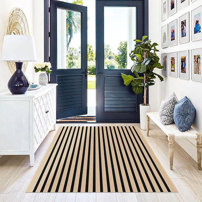 KILOCOCO Striped Rug 4x6 ft Washable Front Door Outdoor Rug, Brown Black | Cotton Front Porch Rug, Woven Living Room Rug, Low Pile Welcome Mat for Entryway, Layered Farmhouse Kitchen Patio Carpet