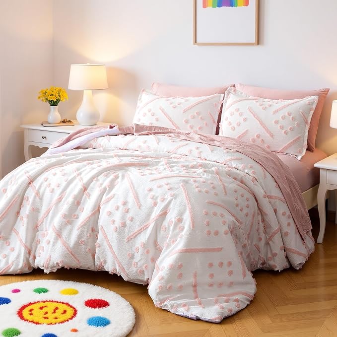 Amazon Basics Kids' Pink Bedding Set, 7-Piece Jacquard Bed-in-a-Bag with Comforter, Fitted Sheet, Flat Sheet, Pillowcases, Pillow Shams, Deep Pocket 16", All-Season, Pink Tufted, Full/Queen