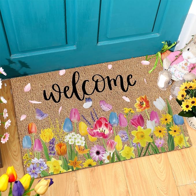 Ceenna Spring Welcome Doormat Outdoor Tulips Flower Coir Doormat Spring Front Door Mat with Non Slip Backing Front Porch Rugs Outdoor Decor for Home Entrance, 16 x 28 Inches