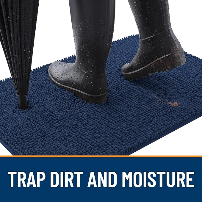 OLANLY Dog Door Mat for Muddy Paws 34x21, Absorbs Moisture and Dirt, Absorbent Non-Slip Washable Doormat, Quick Dry Chenille Mud Mat for Dogs, Entry Indoor Entryway Carpet for Inside Floor, Dark Blue