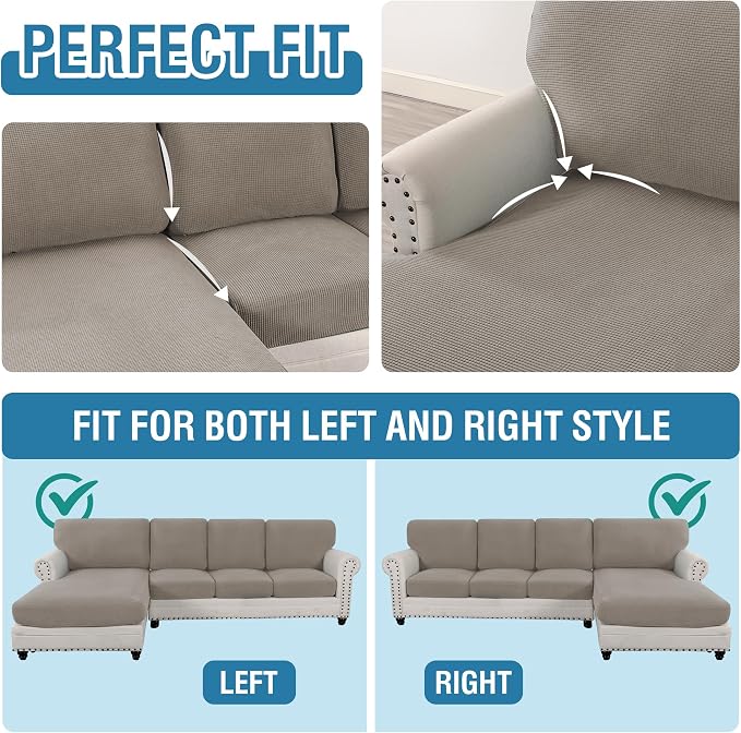 H.VERSAILTEX Sectional Couch Covers 8 Pieces Stretch Sofa Covers for Sectional Sofa Set Separate L Shaped Couch Cover for Both Left/Right Couch (Seat and Back: 1 Chaise + 3 Sofa, Taupe)