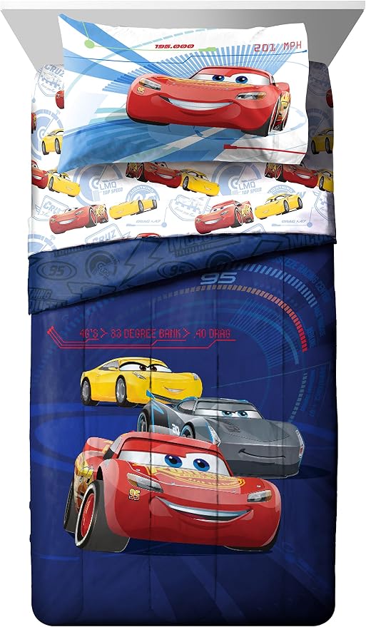 Jay Franco Kids Sheet Cartoon Set with Fitted, Flat Sheets & Pillow Cover - Ultra-Soft Bedding with Pillowcase for Room Decor, White - Cars, 3 Piece Twin