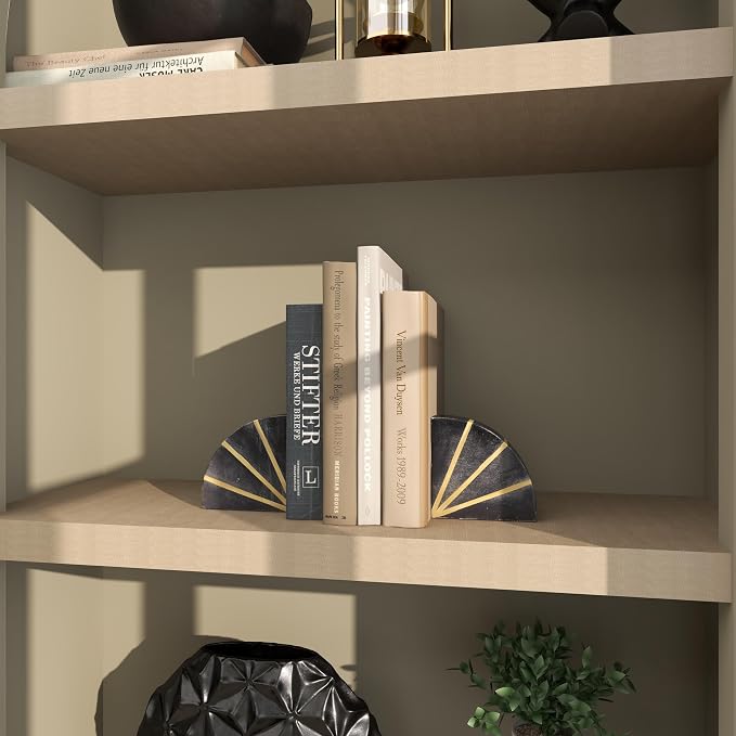 CosmoLiving by Cosmopolitan Marble Geometric Bookends with Gold Inlay, Set of 2 5"W, 5"H, Black