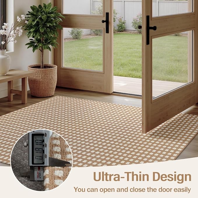 Rugalia Washable Woven Indoor Outdoor Runner Rug, 2x5 Camel Cotton Rug Runners for Hallway Non-Slip Entryway Runner Rugs, Modern Natural Plaid Long Throw Carpet for Kitchen Porch Entrance