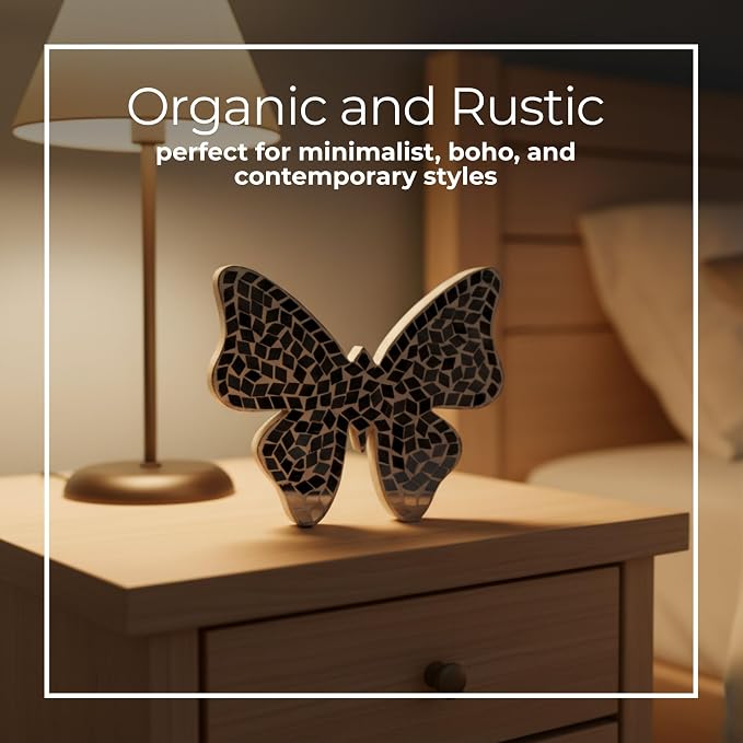 Decorative Sculpture Table Top – Glass Mosaic Butterfly Overmantel Modern Coffee Table Decor - Mango Wood Accent Piece for Coffee Tables, Shelves & Living Rooms – Elegant Home Decor – 5", White