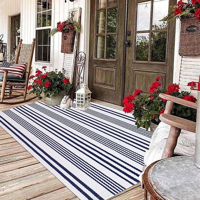BUAGETUP Blue and White Outdoor Rug 3'x 5' Hand-Woven Cotton Washable Rug Striped Front Porch Rug Indoor/Outdoor Area Rug Floor Mat for Farmhouse/Layered Door Mats/Living Room