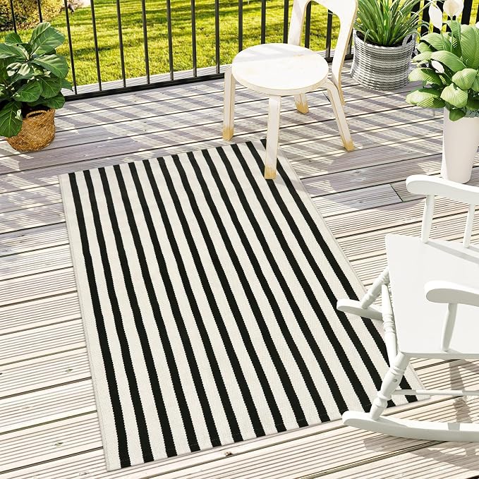 LEEVAN 3'X5' Black and White Striped Woven Cotton Reversible Outdoor Rug | Small Machine Washable Front Porch Rug, Entryway Door Mat, Indoor Layering Carpet for Farmhouse Bathroom Laundry