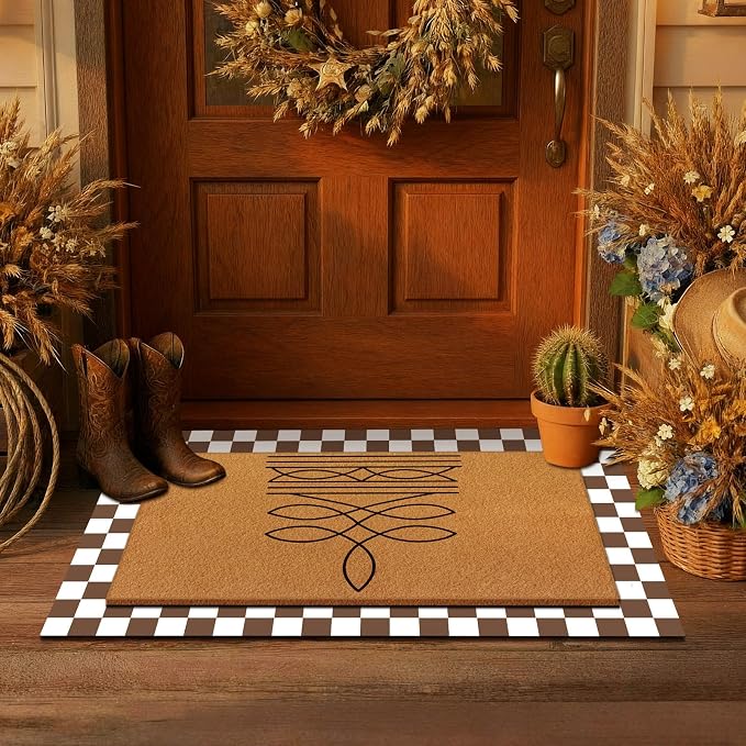 Tinideya 2 Pcs Western Door Mat Cowboy Cowgirl Welcome Non Slip Coir Mats Floor Layering Gift Boot Stitch Doormats Seasonal for Front Porch Entryway Decor