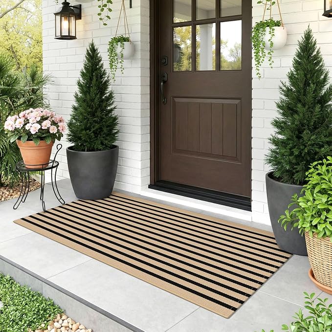 KOZYFLY Brown and Black Striped Runner Rug 2x4.3 ft Cotton Woven Washable Indoor Outdoor Doormat Small Front Door Rug for Entryway Porch Kitchen Hallway Patio Laundry Room