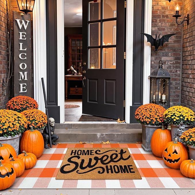 Uphome Bufflo Plaid Outdoor Rug 2'x4.3', Fall Decor Checkered Front Door Mat, Indoor Outdoor Farmhouse Porch Rug for Layered Door Mats, Washable Halloween White/Orange Runner for Patio Entryway
