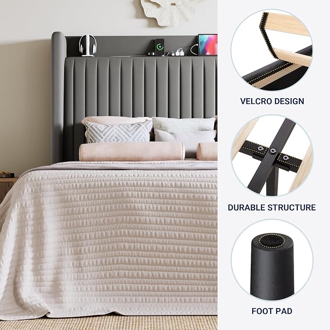 Allewie King Size Platform Bed Frame with USB Charging Station and Storage Shelf/Upholstered Velvet Wingback Headboard/Wooden Slats Support/No Box Spring Needed/Easy Assembly, Grey
